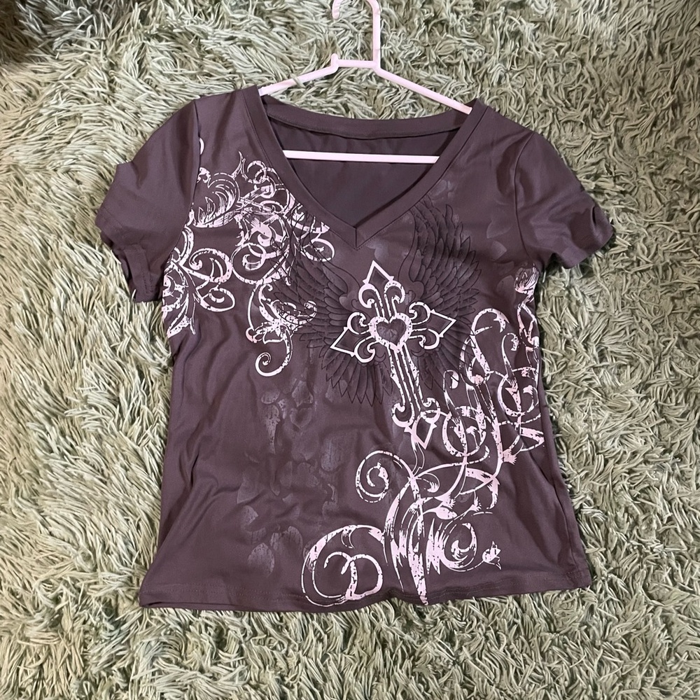 Women's Gray Graphic V-Neck Top